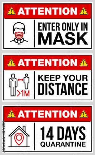 set of stickers for public institutions calling for prevention of coronavirus: keep distance 1 meter, wear a mask on face, stay at home. Prevention Coronavirus Covid 19 pandemic quarantine banner set