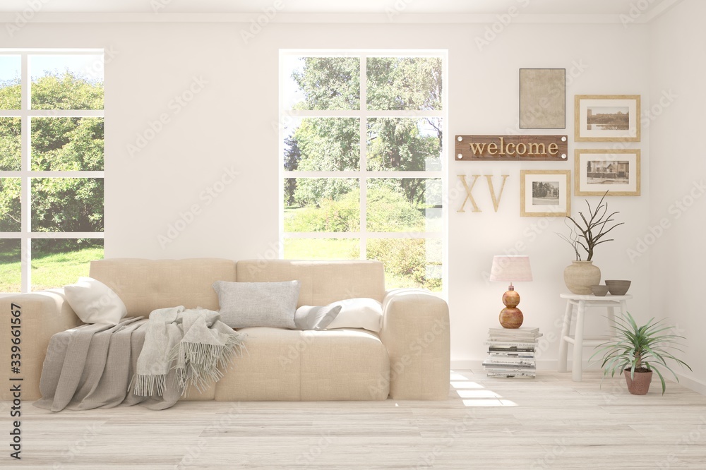 White minimalist living room with sofa. Scandinavian interior design. 3D illustration White minimalist living room with sofa. Scandinavian interior design. 3D illustration