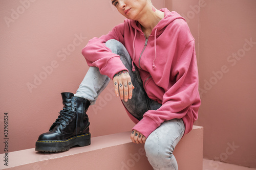 Model in a pink jacket