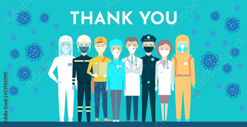Postcard. Thank you. Respect for the work of doctors, nurses, rescuers, delivery services, postmen, firefighters, police, social workers, health care workers, salesmen. Covid-19, Coronavirus, Pandemic