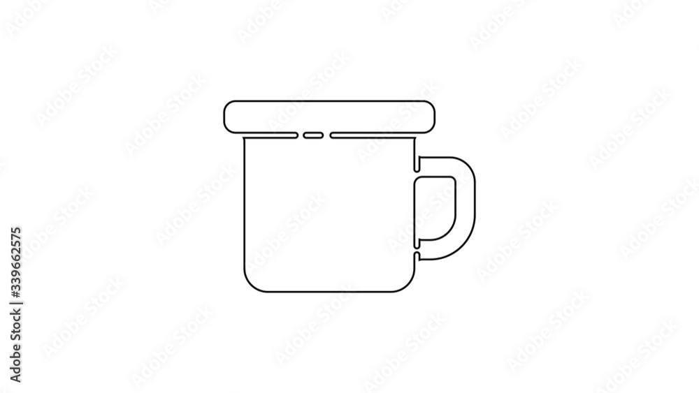 Black line Camping metal mug icon isolated on white background. 4K Video motion graphic animation Black line Camping metal mug icon isolated on white background. 4K Video motion graphic animation