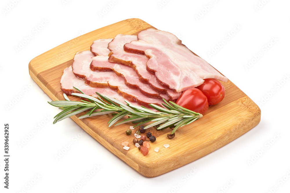 Sliced pork brisked, bacon slices, isolated on white background Sliced pork brisked, bacon slices, isolated on white background