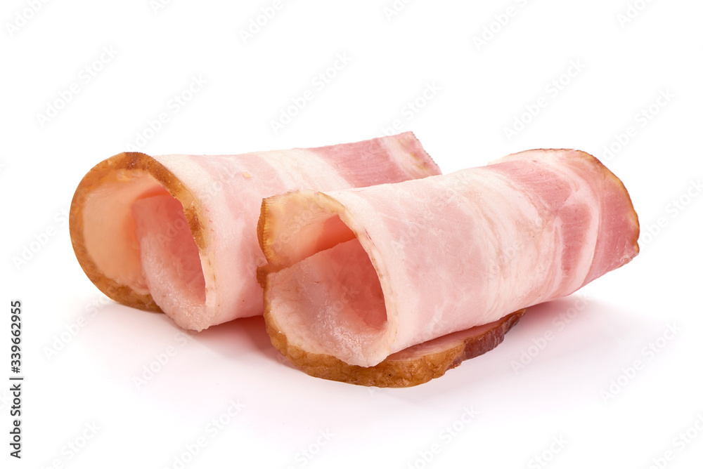 Sliced pork brisked, bacon slices, isolated on white background Sliced pork brisked, bacon slices, isolated on white background