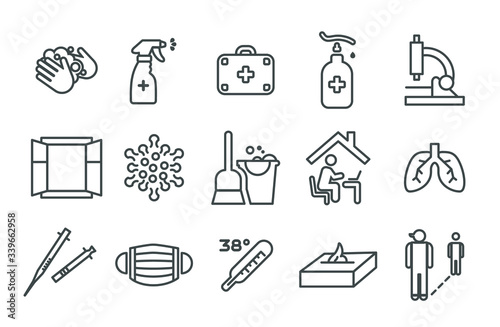 Simple Set of Coronavirus Protection Related Vector Line Icons. Contains such Icons as Protective Measures, Coronavirus Symptoms, flu, Incubation Period and more. 