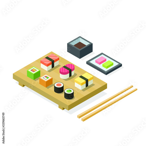 Vector isometric set of Japanese food delivery icon, sushi and roll with soy sous and chopstick