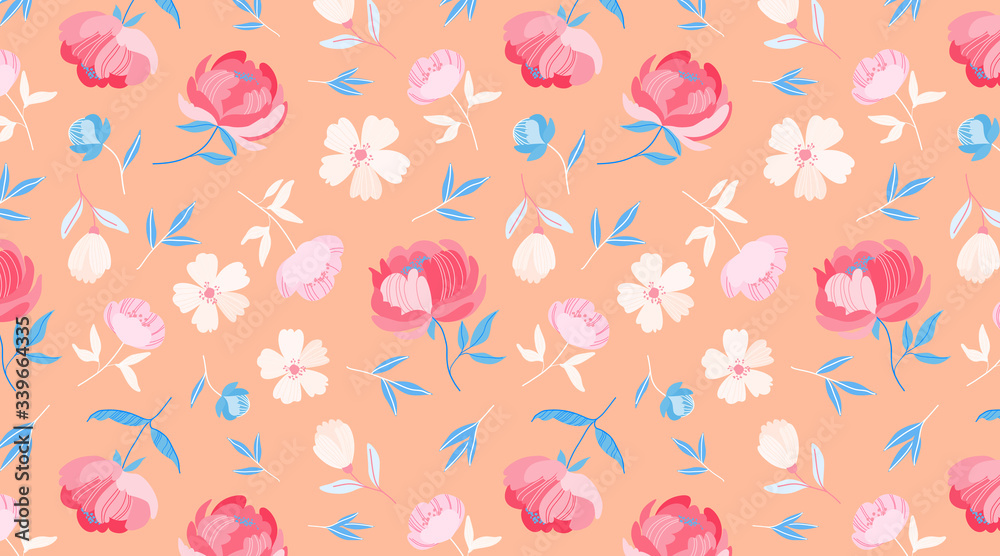 Orange spring flower pattern. Beautiful round stylized peony flowers on the pastel orange background. Minimalistic seamless floral design for web, fabric, textile, wrapping paper. Cute flowers.  