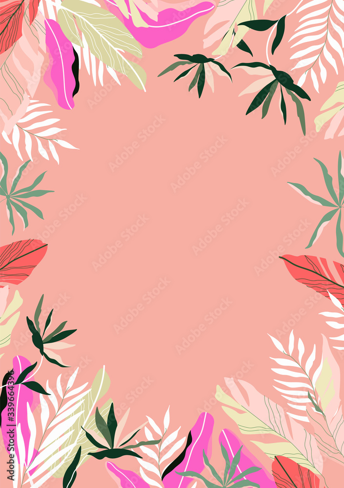 Pink tropical frame background. Modern Hawaiian card, banner template. Exotic branches and flowers. Botanical frame vector illustration. Jungle border had-drawn design. Pink tropical frame background. Modern Hawaiian card, banner template. Exotic branches and flowers. Botanical frame vector illustration. Jungle border had-drawn design.