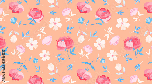 Orange spring flower pattern. Beautiful round stylized peony flowers on the pastel orange background. Minimalistic seamless floral design for web, fabric, textile, wrapping paper. Cute flowers. 