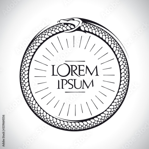 Black and white ouroboros vector logo design, snake eating its own tail