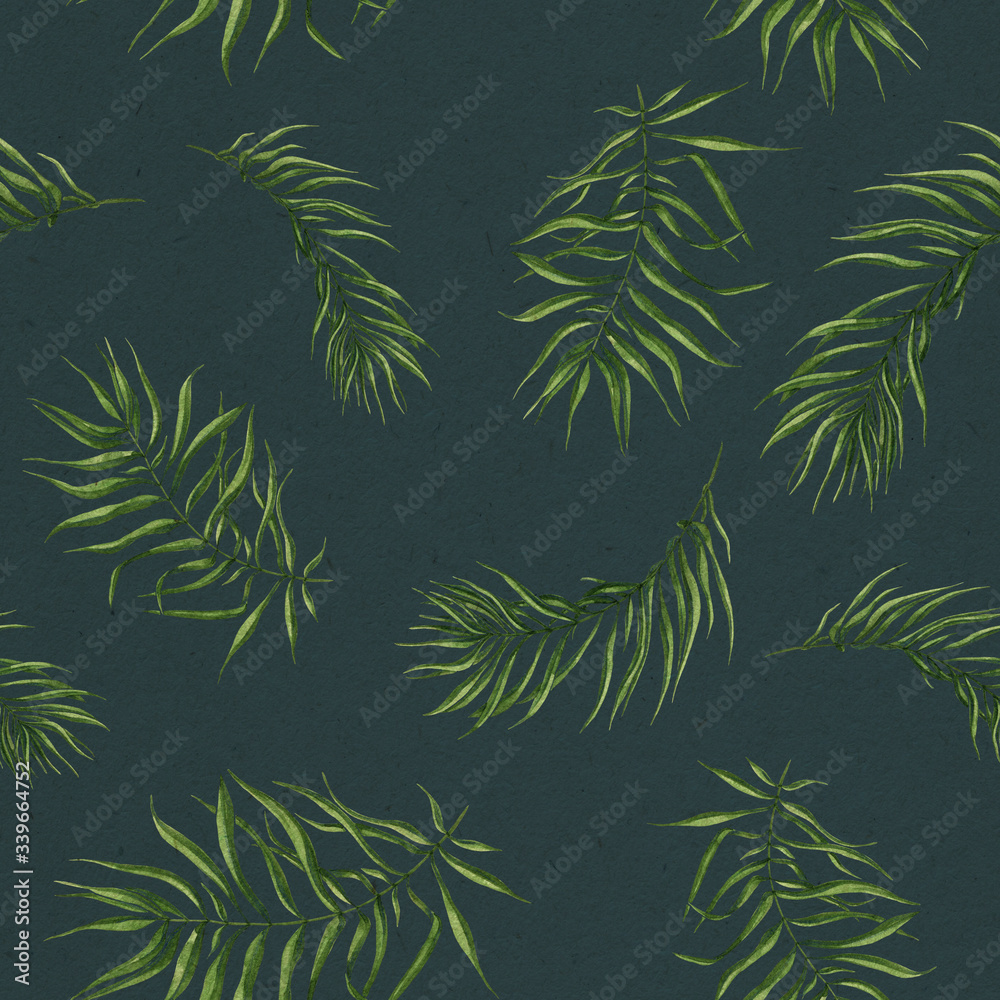 Seamless pattern with watercolor palm leaves. Summer palm leaf pattern. Botanical endless background. Leaf illustration. Perfect for textile, fabrics, invitation, postcards, website design, wallpaper. Seamless pattern with watercolor palm leaves. Summer palm leaf pattern. Botanical endless background. Leaf illustration. Perfect for textile, fabrics, invitation, postcards, website design, wallpaper.