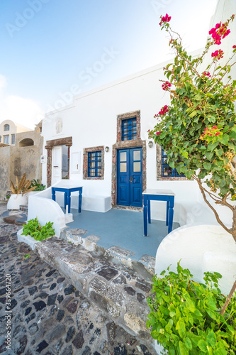 Typical Greek archirecture, blue and white house in Imerovigli village, Santorini, Greece