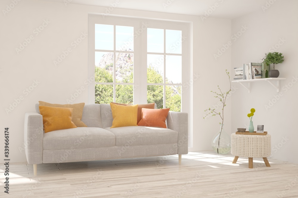 Fototapeta premium White living room with sofa and summer landscape in window. Scandinavian interior design. 3D illustration