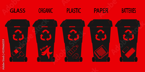 Waste bin. Glyph. Recycle bin on glyph style design. Black recycle bins with recycle symbol isolated on red background. Vector