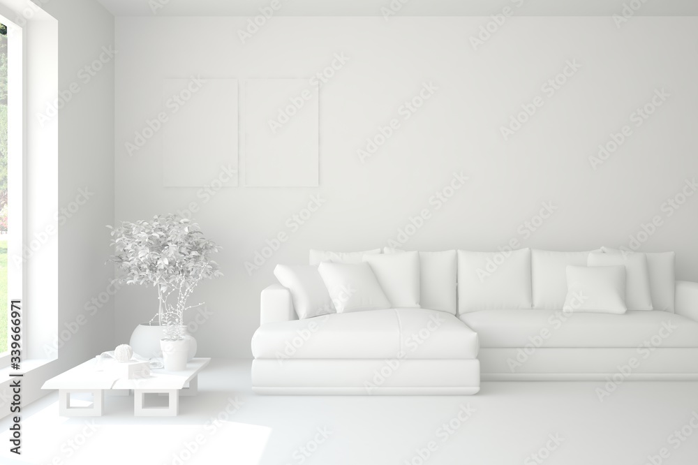 White minimalist living room with sofa. Scandinavian interior design. 3D illustration