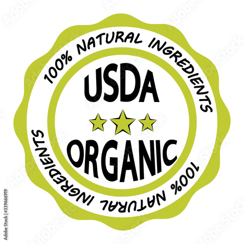 USDA organic. Green sign for organic, ecological product or food. Vector icon for product without GMO. Stamp with two Eco leaves and stars inside