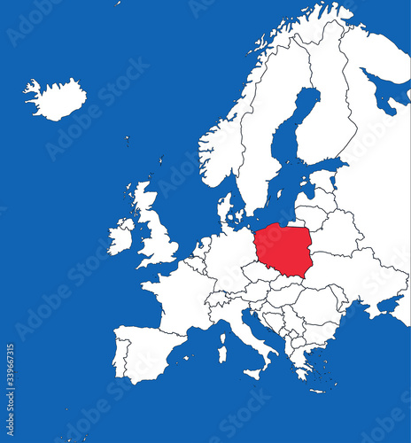 Poland highlighted on european map. Blue sea background. Perfect for Business concepts, backgrounds, backdrop, sticker, chart, presentation and wallpaper.