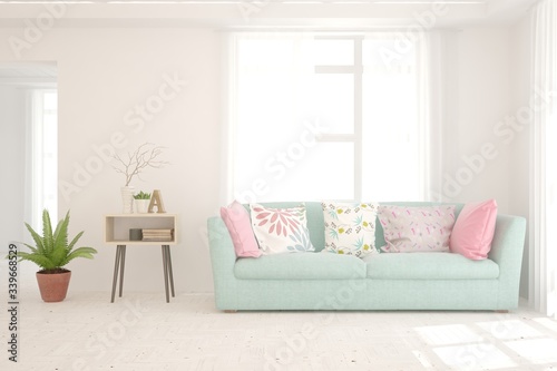 White living room with sofa. Scandinavian interior design. 3D illustration