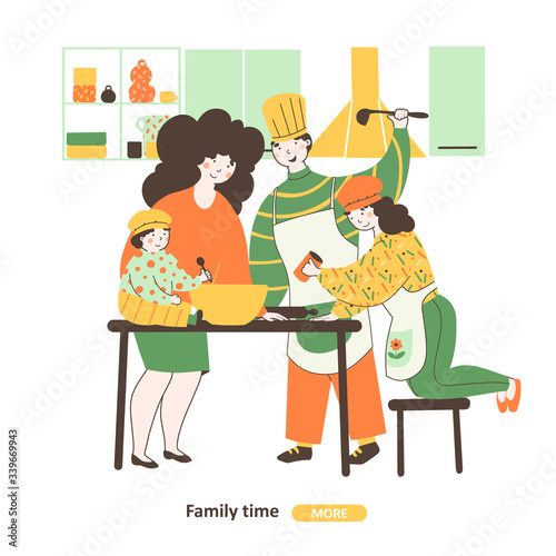 Family cook together, Flat cartoon vector illustration. Family house vector illustration.