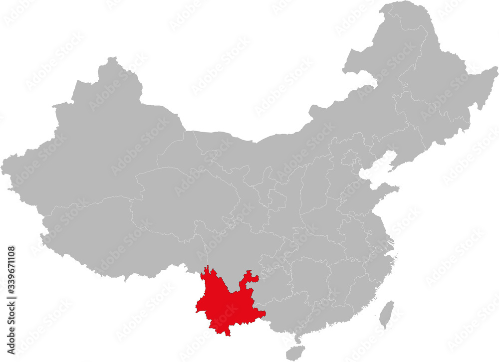 Yunnan province highlighted on china map. Gray background.