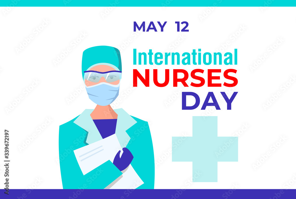 International nurses day. Vector banner, card, poster for social media. A female nurse in protective glasses, gloves and a mask with a folder. Thanks to the nurses for fighting the virus and infection