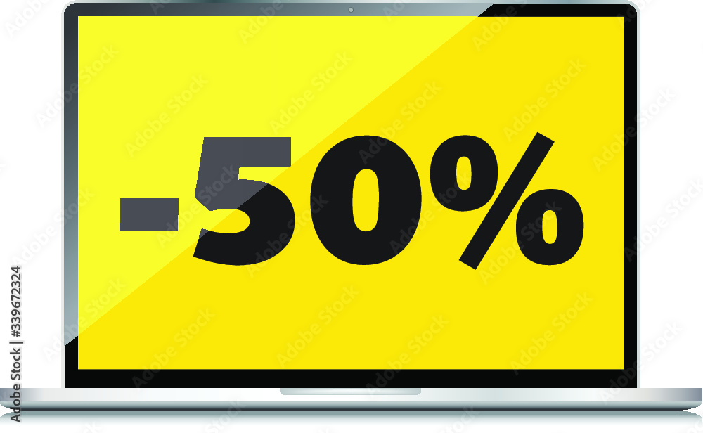 Sale, markdown, discount 50 percent on High-quality laptop screen. Reduced Prices. Special offer. Shopping badge with percentage discount. Sale, markdown, discount 50 percent on High-quality laptop screen. Reduced Prices. Special offer. Shopping badge with percentage discount.