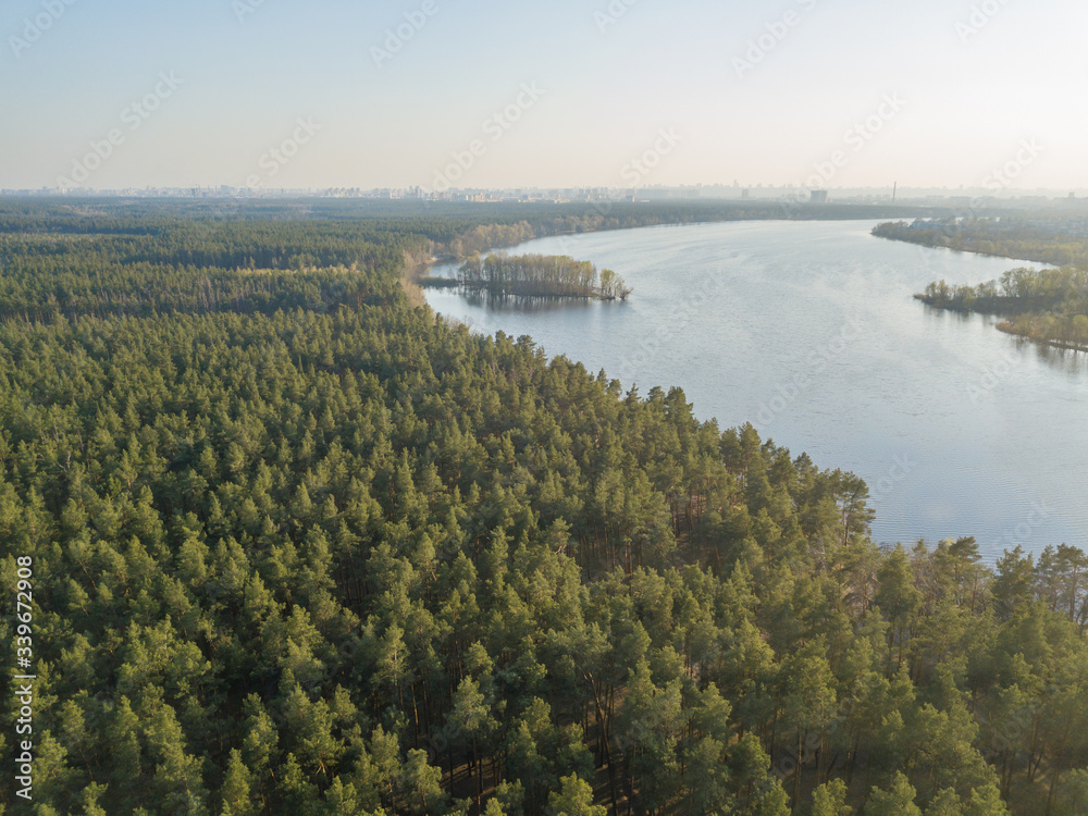 A lake in a coniferous forest on the outskirts of a city. Aerial drone view.