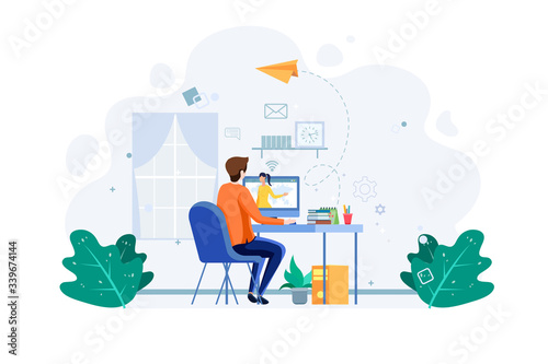 Student do online education, hear to the tutor in the computer. e-learning concept. Business worker work from home. Male with computer illustration concept. Vector