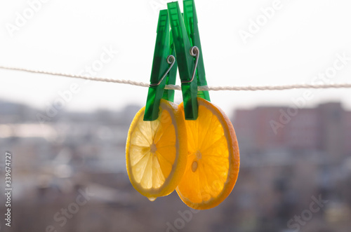 slices of citrus on a clothesline. Citrus fruits like the sun need the body as vitamins