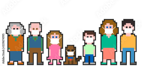 Pixel art family protect from Covid-19 virus with face medical mask.