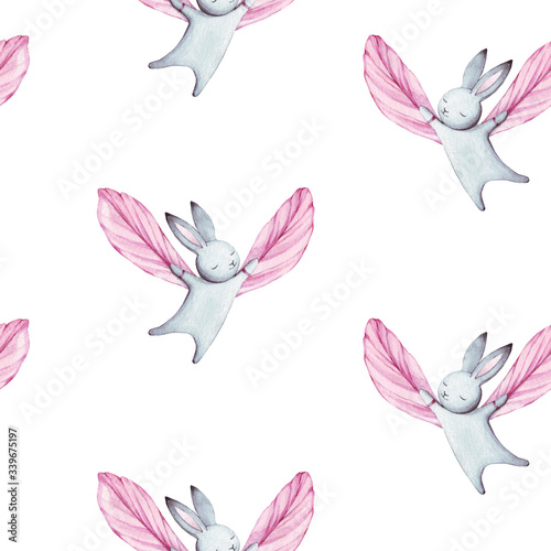 Cute seamless pattern watercolor cartoon bunny with pink wings. Summer illustration. For baby textile, fabric, print and wallpaper.
