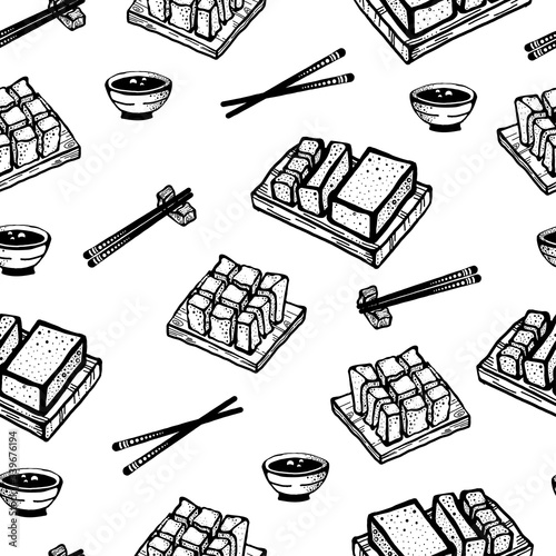 Tofu soybean curd food with chopsticks, manual slice of tofu vector illustration isolated on white background.Healthy diet vegan food. Healthy asian nutrition food.