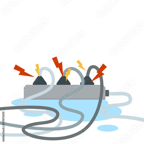Wet cables and connectors. The problem with electricity. Water puddle and fire safety. Home appliance. Yellow and red sparks of lightning. Dangerous socket. Cartoon flat illustration