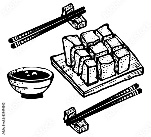 Tofu soybean curd food with chopsticks, slice of tofu vector illustration isolated on white background.Healthy diet vegan food. Healthy asian nutrition food.