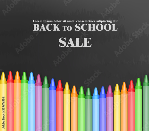 Back to school, realistic colored crayons set, school banner, isolated crayons, hello autumn, hello september