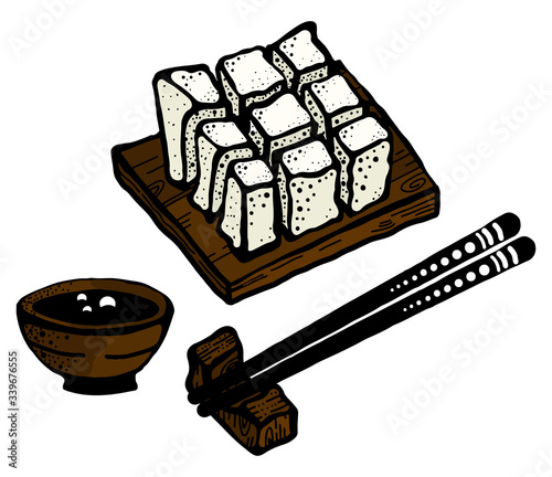 Tofu soybean curd food with chopsticks, slice of tofu vector illustration isolated on white background.Healthy diet vegan food. Healthy asian nutrition food.