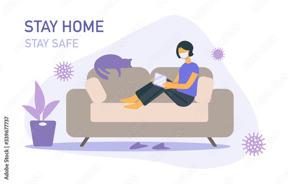 Stay home banner template. Woman sitting on sofa with tab, houseplant, cat, viruses. Quarantine or self-isolation. Health care concept.  Global viral epidemic or pandemic. Flat vector illustration