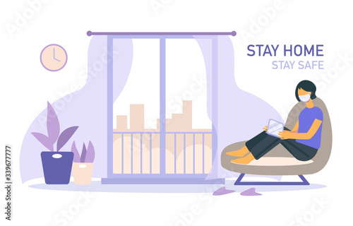 Stay home banner template. Woman with mask, tab, chair, houseplant, balcony, city, clock. Quarantine, self-isolation. Health care concept.  Global viral epidemic or pandemic. Flat vector illustration
