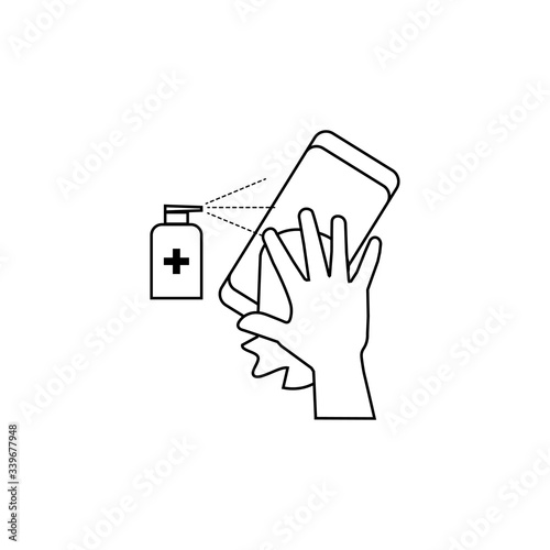 Hand with a rag wipes the phone with an antiseptic sign eps ten