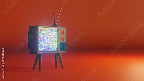 Old school television with a static distorted image in 3d. Dark wooden TV material and bright colors with a malfunctioning signal. Showing noise. Against a colorful background.