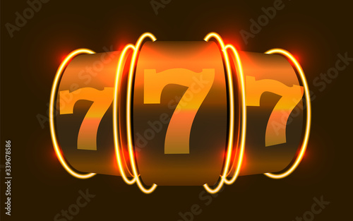 Neon slot machine wins the jackpot. 777 Big win casino concept.