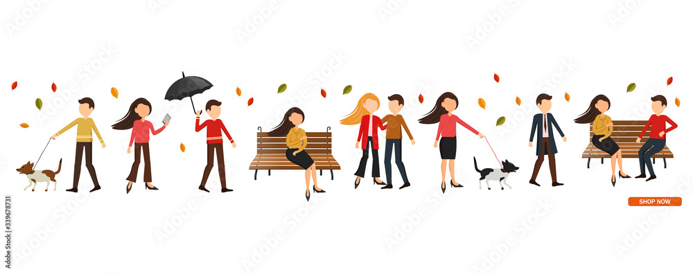 Fototapeta premium People in the autumn park, walking the dog, people talk on the chair, love couple walking, man with umbrella, big set casual people in the autumn park, vector