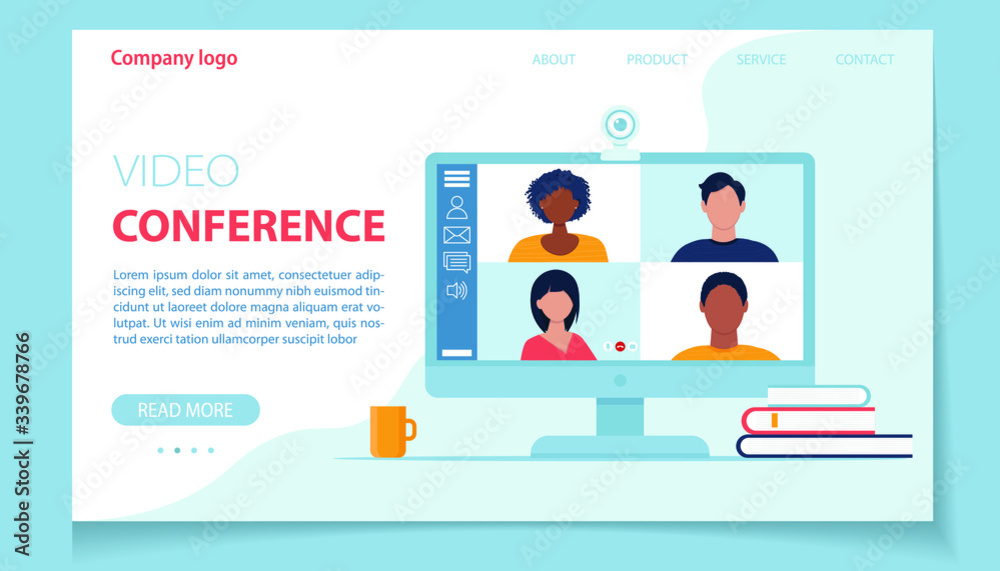 Video conference landing page. People on сomputer screen. Online meeting. Vector illustration in flat style - obrazy, fototapety, plakaty 