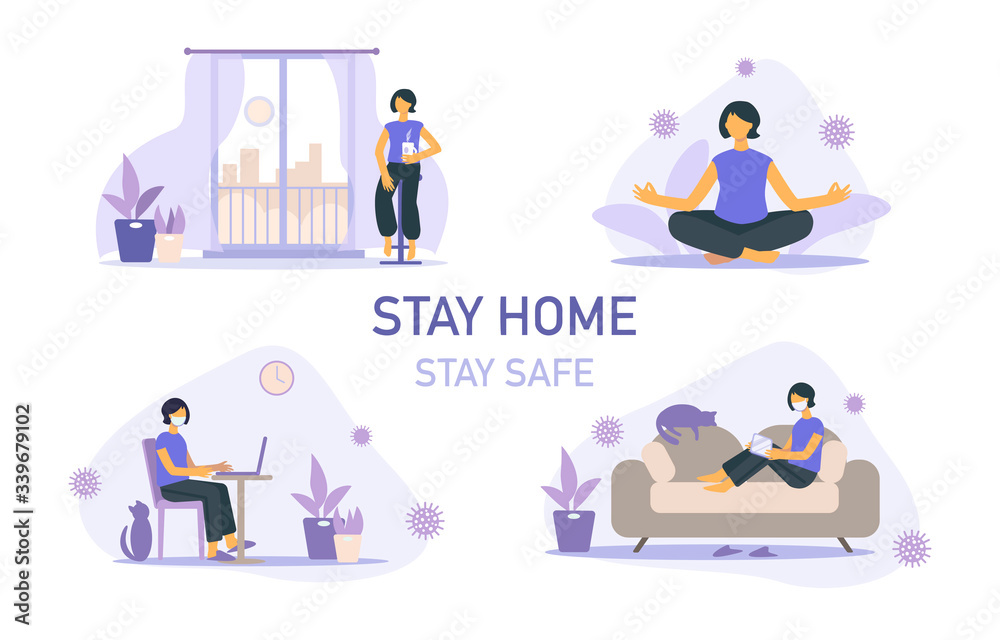 Fototapeta premium Set of Stay home banner template. Woman with cup, houseplant, sofa, balcony, city. Quarantine or self-isolation. Health care concept. Global viral epidemic or pandemic. Flat vector illustration