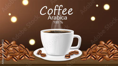 Realistic coffee  arabica 100   coffee banner  beans and hot drink  good morning  vector illustration