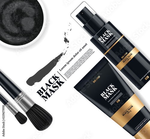 Realistic black mask, black 3d package isolated, brand cosmetics, charcoal facial mask design, beauty product vector illustration
