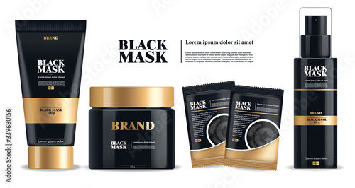 Realistic black mask, black 3d package isolated, brand cosmetics, charcoal facial mask design, beauty product vector illustration