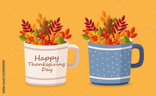 Happy thanksgiving day  hello autumn  hot tea and colored leaves flat  autumn banner  beautiful cups set  vector
