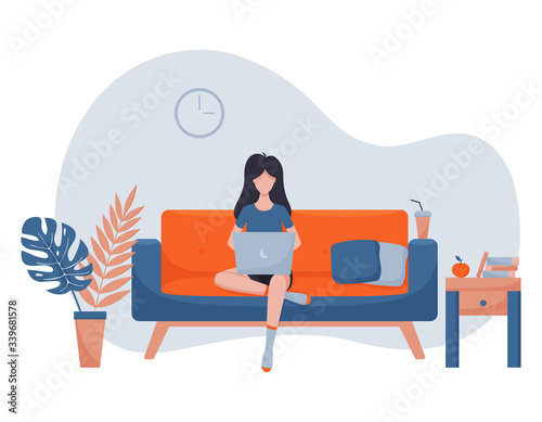 Vector illustration in a flat style - woman sitting working on a sofa with a laptop - concept of creative and remote work in a home office. Home interior living room. light blue background
