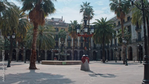 4K Plaça Reial in Barcelona, Spain in April 2020 empty fountain and deserted square on lockdown, coronavirus pandemic