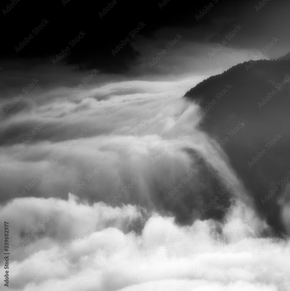 black - white summer nature image, foggy valley at morning sunlight, amazing dramatic mountains scenery, Europe